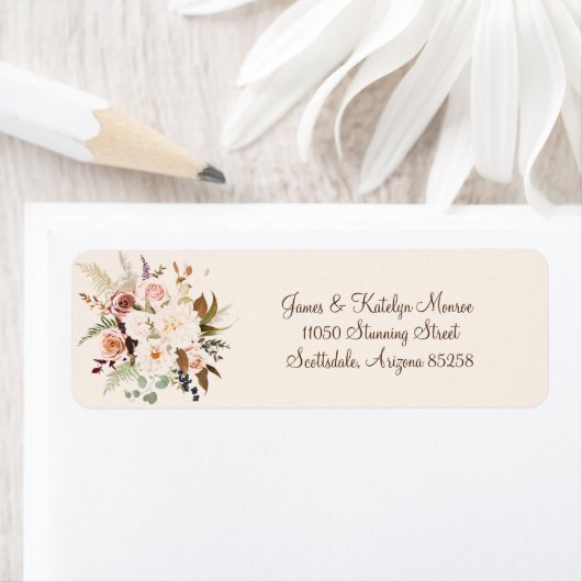 Étiquette Boho Design Rose Fleurs Mariage Adresse de retour (En situation)