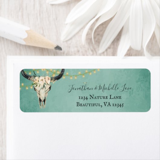 Étiquette Boho Floral Skull, String Lights Turquoise Address (En situation)
