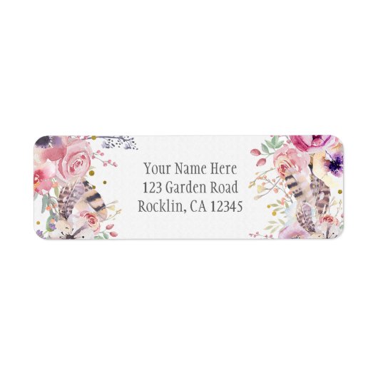 Étiquette Boho Glam Fleurs Bois de Cerf & Plumes Rustique (Devant)