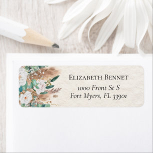 Étiquette Boho Green et Beige Eucalyptus Pampas Roses blanch