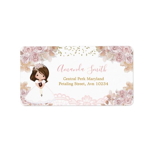 Étiquette Boho Rose Floral Girl First Holy Communion Adresse (Devant)