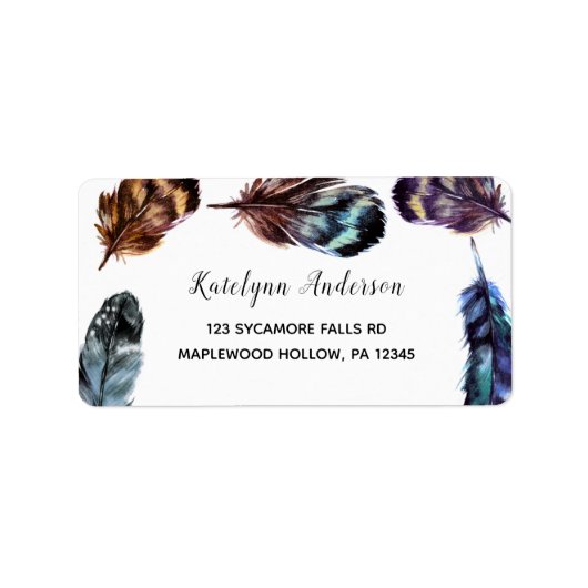 Étiquette Boho Style Watercolor Feathers Adresse de retour (Devant)