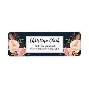 Étiquette Bois Peony Floral Navy Adresse personnalisée pers