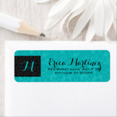 Étiquette Bold Elegant Black And Turquoise Floral Damas (En situation)