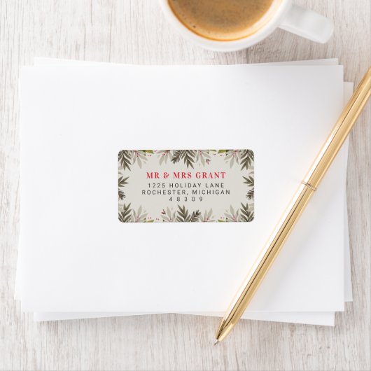 Étiquette Bordure de verdure élégante de Noël Adresse de vac (En situation)