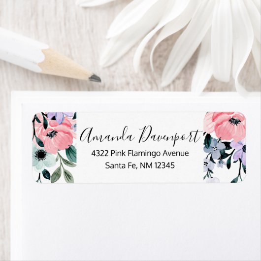 Étiquette Bordure florale rose violet et vert (En situation)