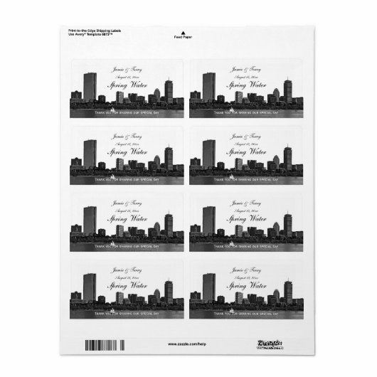 Étiquette Boston Skyline Etched H #2 Bouteille d'eau (Feuille entière)
