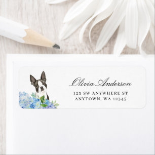 Étiquette Boston Terrier Blue Hydrangea Adresse de retour