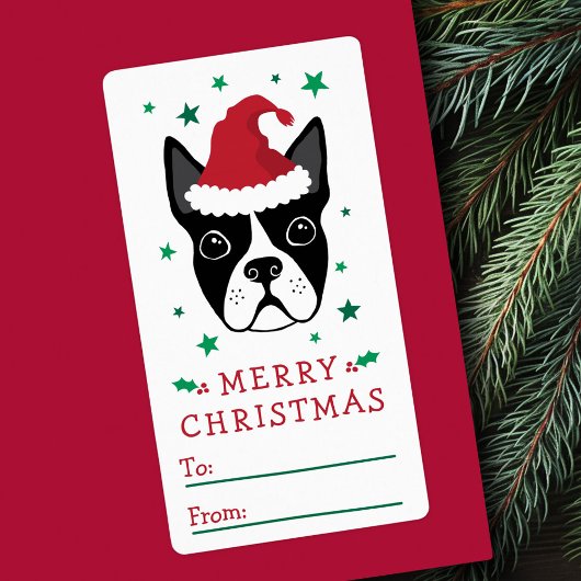 Étiquette Boston terrier Santa hat Joyeux cadeau de Noël
