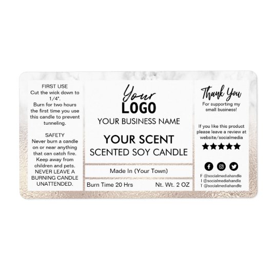 Étiquette Bougie De Soja Parfumée En Or Et Marbre Rose (Devant)