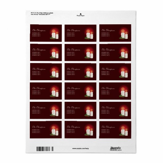 Étiquette Bougies De Noël Blanches Sur Rouge Avec Texte Pers (Feuille entière)