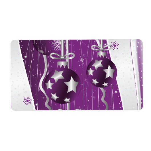 Étiquette Boules de Noël violettes et grises étoiles et floc (Devant)