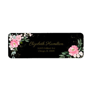 Étiquette Bouquet floral aquarelle rose chaud élégant noir