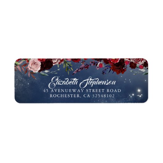 Étiquette Bourgogne et Mariage floral bleu marine (Devant)