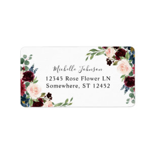 Étiquette Bourgogne & Marine Rose Floral 2 Adresse de retour