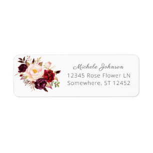 Étiquette Bourgogne Marsala Floral Adresse de retour 2 Blanc