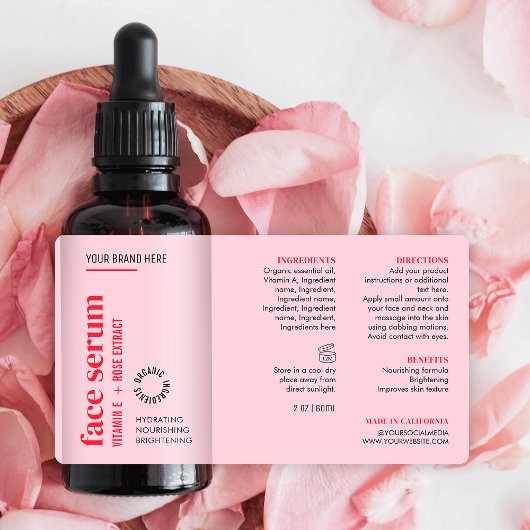 Étiquette Bouteille de gouttelettes d'huile à visage rose fé