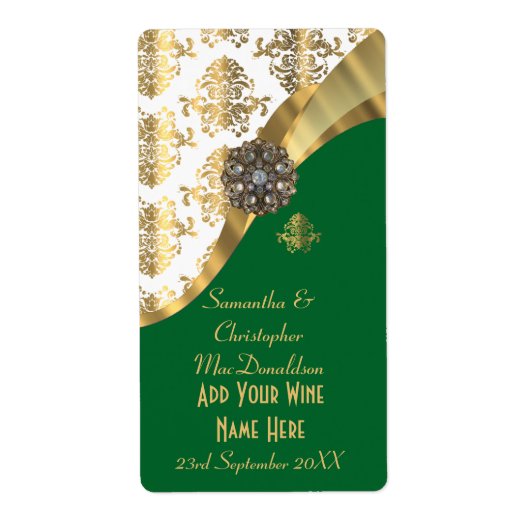 Étiquette Bouteille de vin mariage damassé blanc, vert et or (Devant)