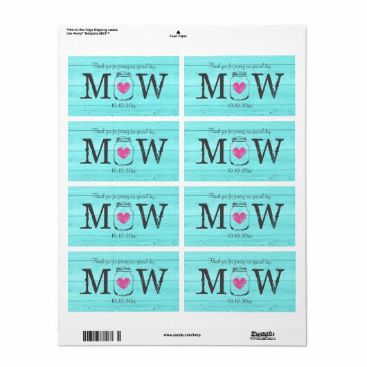 Étiquette Bouteille d'eau mariage turquoise en pot de mason (Feuille entière)