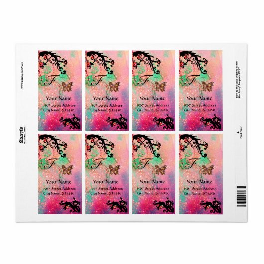 Étiquette BOUTEILLE EN ÉPARGNES, tourbillons noirs vert rose (Feuille entière)