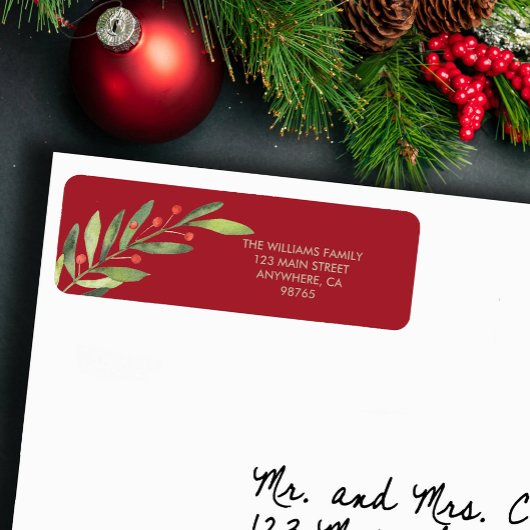 Étiquette Branch and Berries Red Christmas Return Address