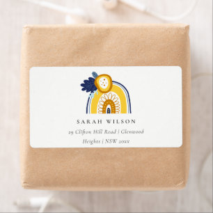 Étiquette Bright Yellow Navy Boho Floral Rainbow Adresse
