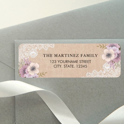 Étiquette Broderie Florale Rose Burlap Rustique