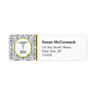 Étiquette BSN RN LPN Damask Caduceus jaune noir