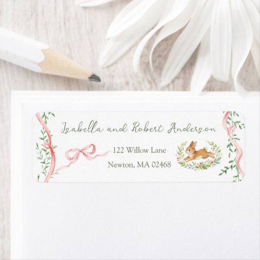 Étiquette Bunny Rabbit Floral Pink Bow Baby Shower Address (En situation)
