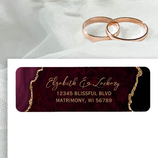 Étiquette Burgundy Agate Script Wedding Return Address