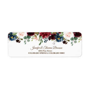 Étiquette Burgundy & Blue English Flowers Adresse de retour