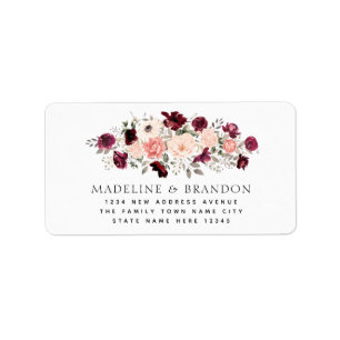 Étiquette Burgundy Blush Floral Bride & Groom Adresse