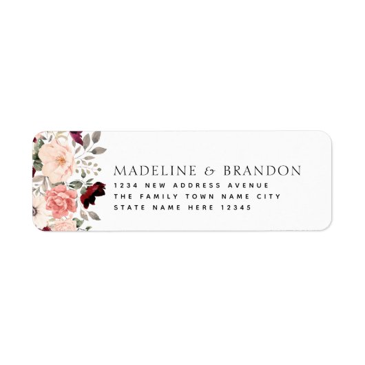 Étiquette Burgundy Blush Floral Bride & Groom Adresse : (Devant)