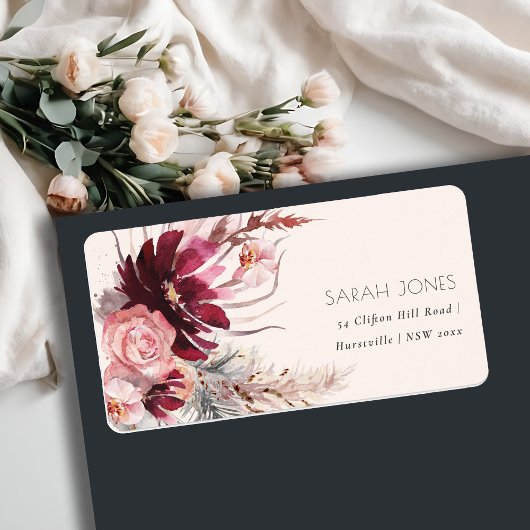 Étiquette Burgundy Blush Floral Pampas Grasse Adresse
