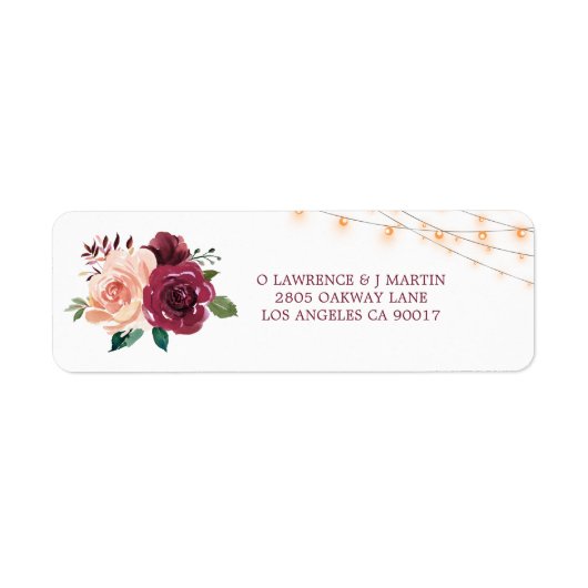 Étiquette Burgundy Dusty Rose Floral Lights Mariage Adresse (Devant)