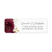Étiquette Burgundy Gold Floral Script Wedding Return Address (Devant)
