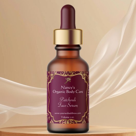 Étiquette Burgundy & gold foil damask dropper bottle label