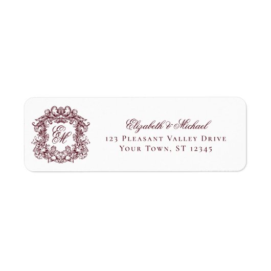 Étiquette Burgundy Monogram Crest Wedding Return Address (Devant)