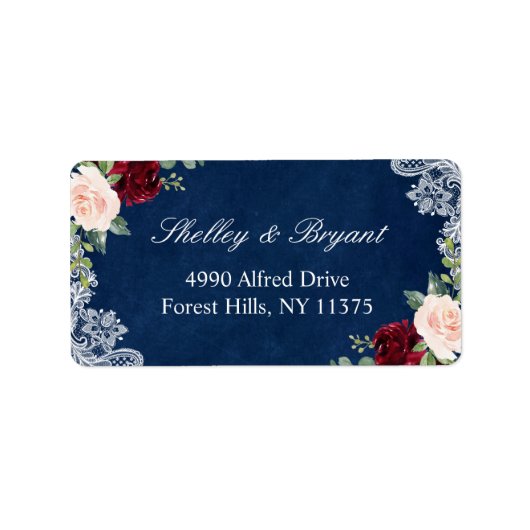 Étiquette Burgundy Red Blush Floral White Lace Navy Blue (Devant)