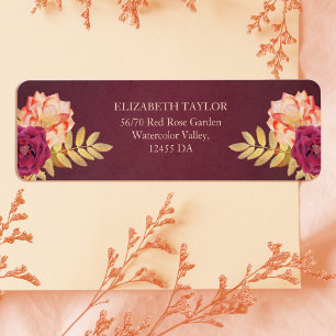 Étiquette Burgundy Rustic Fall Boho Floral Mariage Adresse