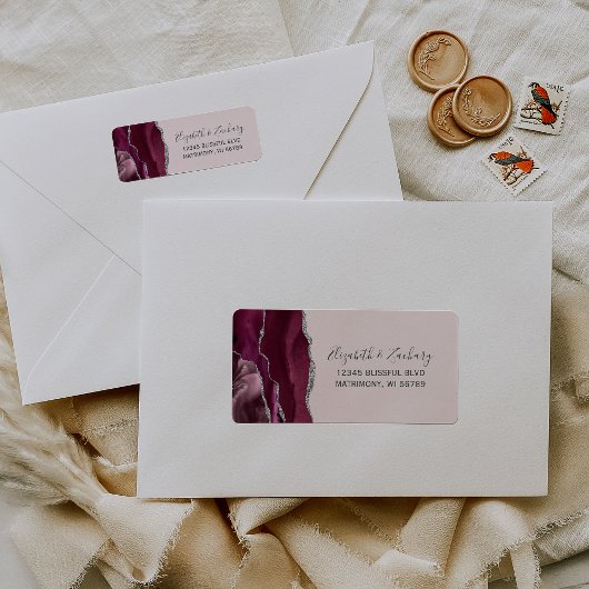 Étiquette Burgundy Silver Blush Pink Wedding Return Address