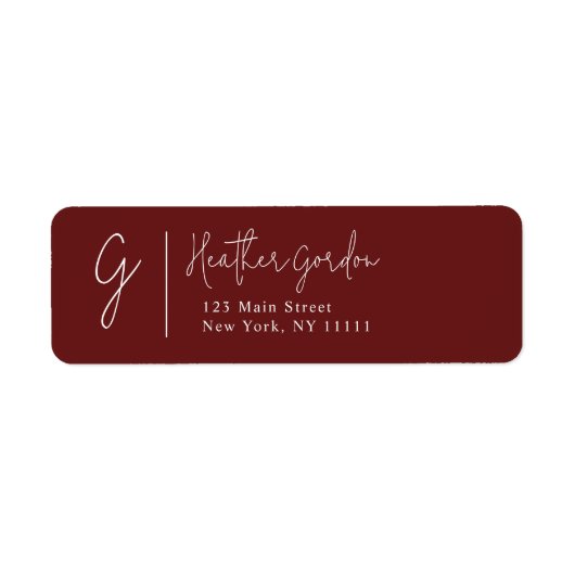 Étiquette Burgundy Simple Monogram Adresse de retour (Devant)