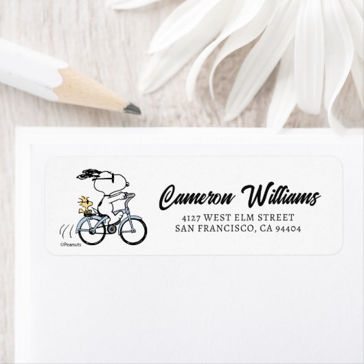 Étiquette cacahuètes | Vélo Snoopy & Woodstock (En situation)