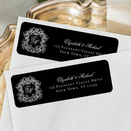 Étiquette Cachet Monogramme Noir Adresse de Retour de Mariag