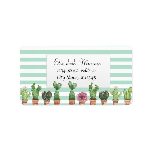 Étiquette Cactus aquarelle rayures vert menthe (Devant)