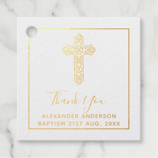 Étiquette-cadeau 12 Merci BAPTISME VRAI FOIL Croix de Christening (Devant)
