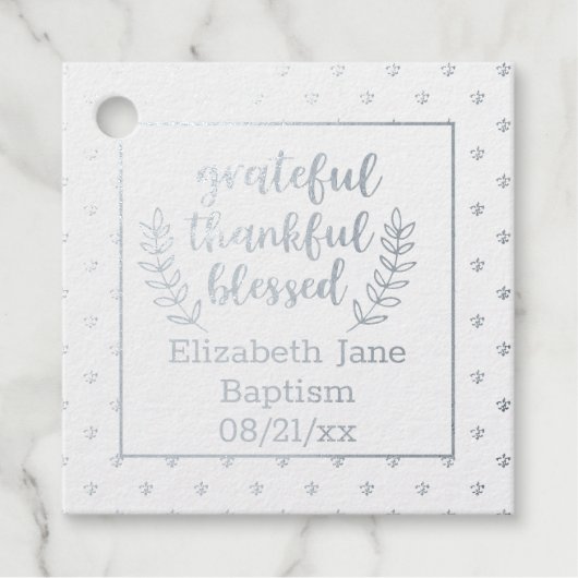 Étiquette-cadeau 12 x Merci FOIL EN ARGENT RÉEL brillant BAPTISME (Devant)