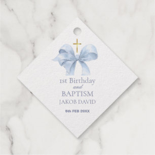 Étiquette-cadeau 1er anniversaire & Baptême Boys Blue Bow Merci