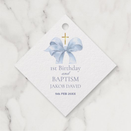 Étiquette-cadeau 1er anniversaire & Baptême Boys Blue Bow Merci (Dos)