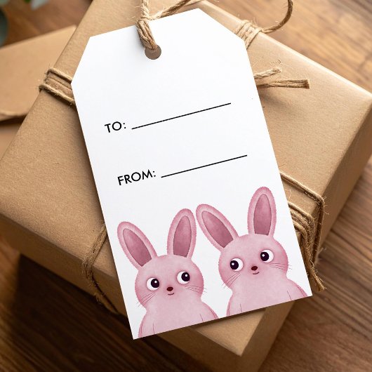 Étiquette cadeau à/de avec deux bébés lapins roses